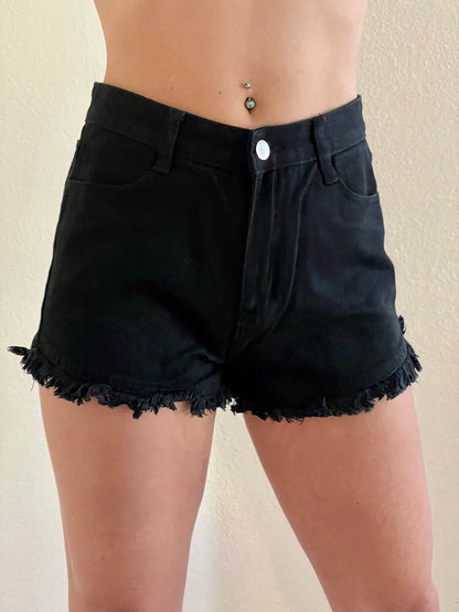 High Rise Frayed Raw Hem Denim Shorts in Black