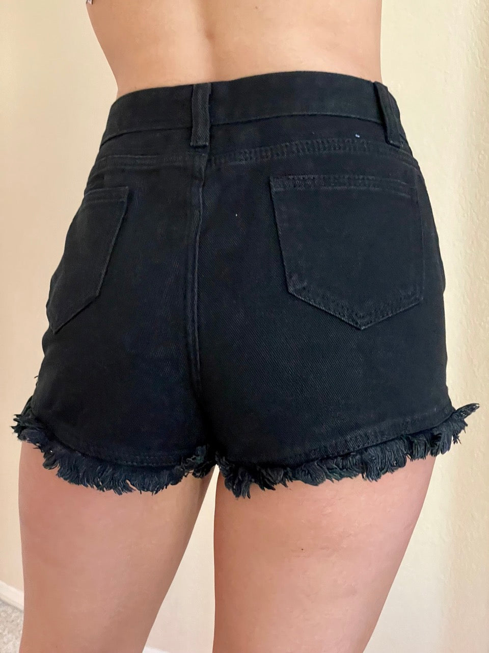 High Rise Frayed Raw Hem Denim Shorts in Black