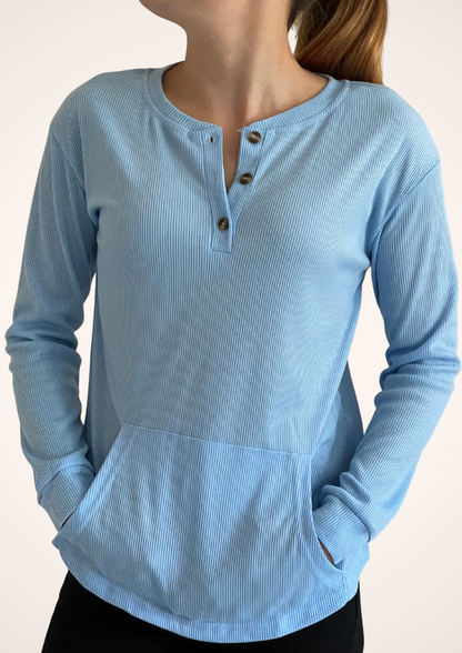 Ribbed 3 Button Long Sleeve Top in Sky Blue