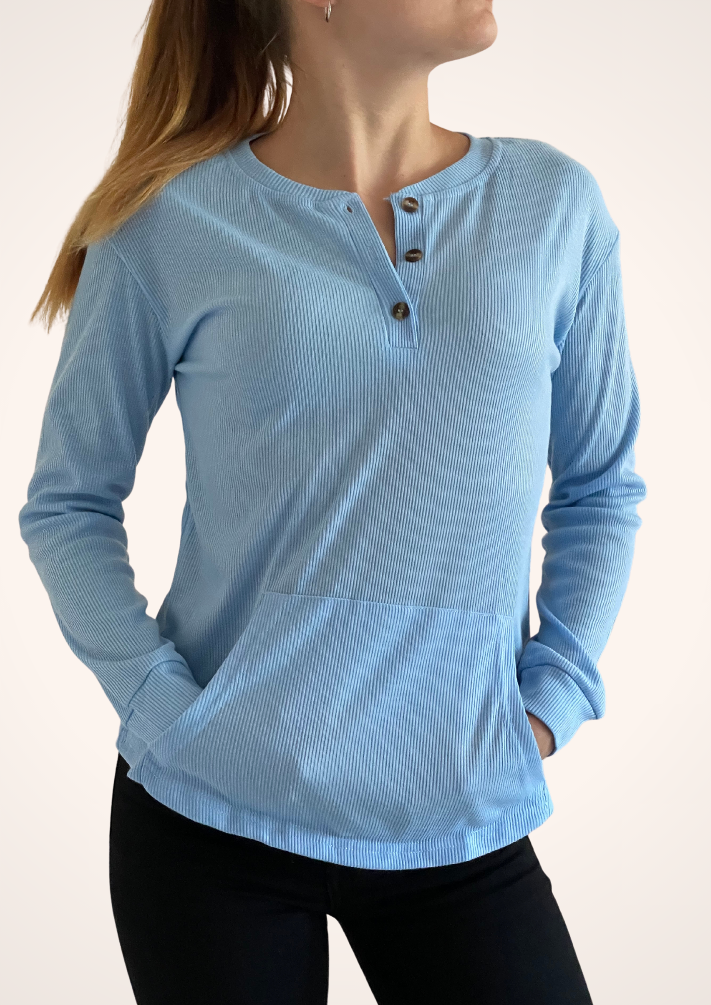 Ribbed 3 Button Long Sleeve Top in Sky Blue