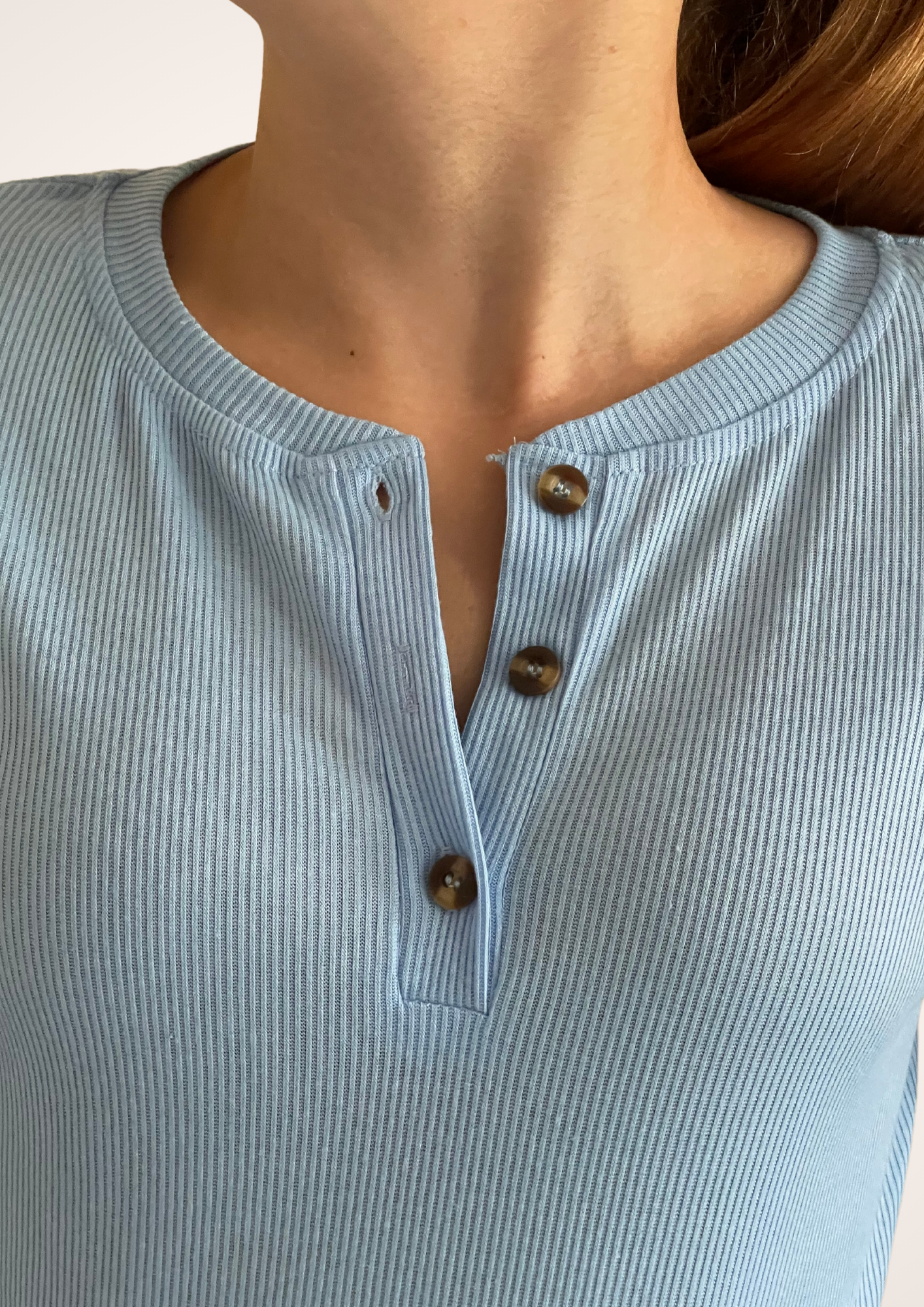 Ribbed 3 Button Long Sleeve Top in Sky Blue