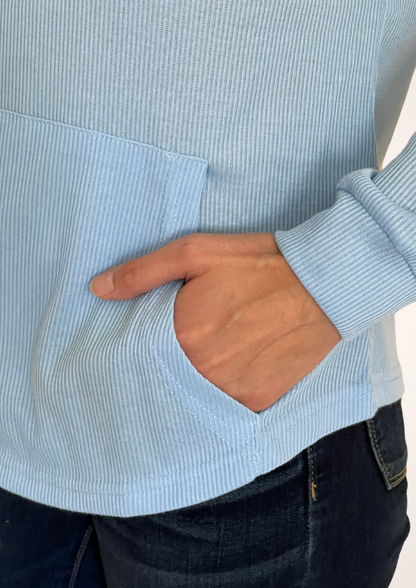 Ribbed 3 Button Long Sleeve Top in Sky Blue