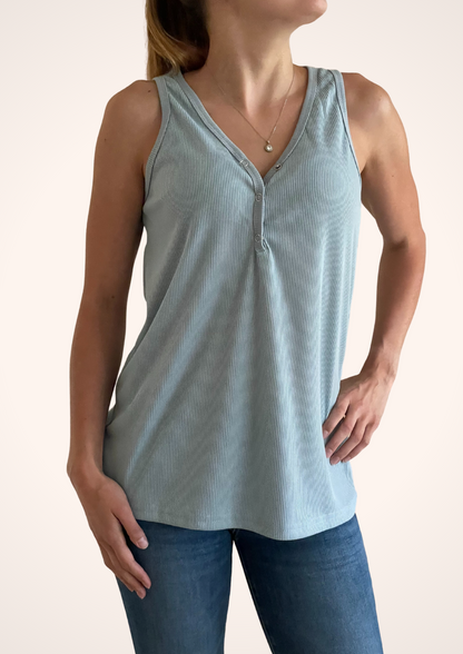 Sky Blue V Neck Ribbed Knit Sleeveless Henley Tank Top with Buttons