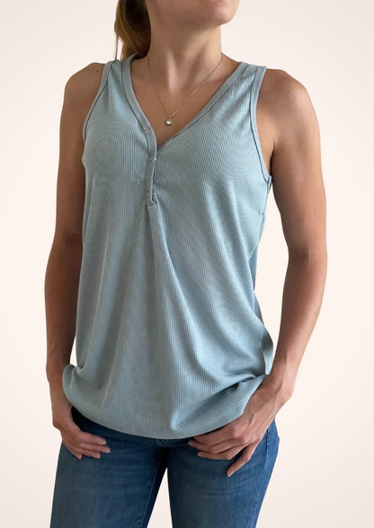 Sky Blue V Neck Ribbed Knit Sleeveless Henley Tank Top with Buttons