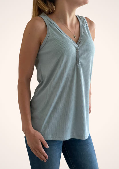 Sky Blue V Neck Ribbed Knit Sleeveless Henley Tank Top with Buttons