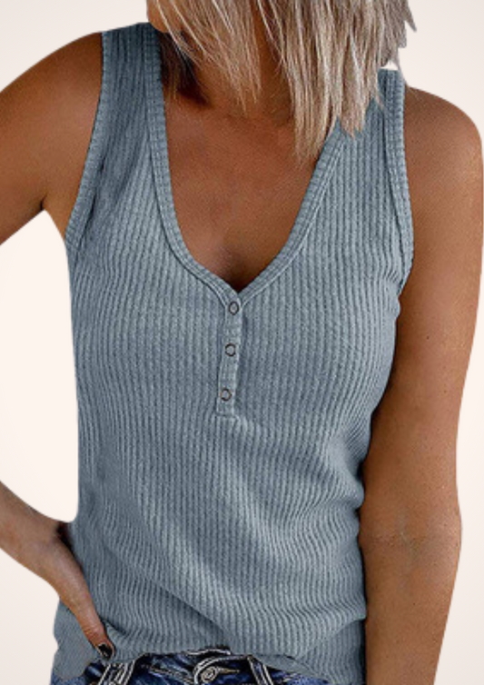 Sky Blue V Neck Ribbed Knit Sleeveless Henley Tank Top with Buttons