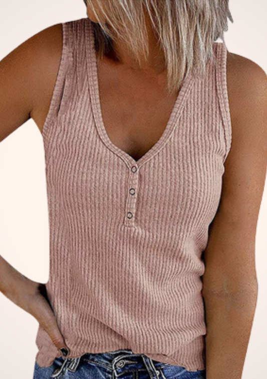 Pink V Neck Ribbed Knit Sleeveless Henley Tank Top with Buttons