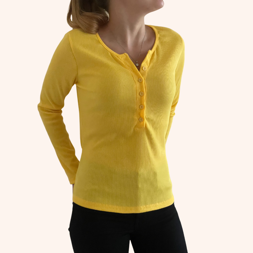 Yellow Long Sleeve Button Down Ribbed Henley Top