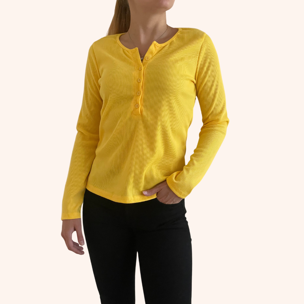 Yellow Long Sleeve Button Down Ribbed Henley Top