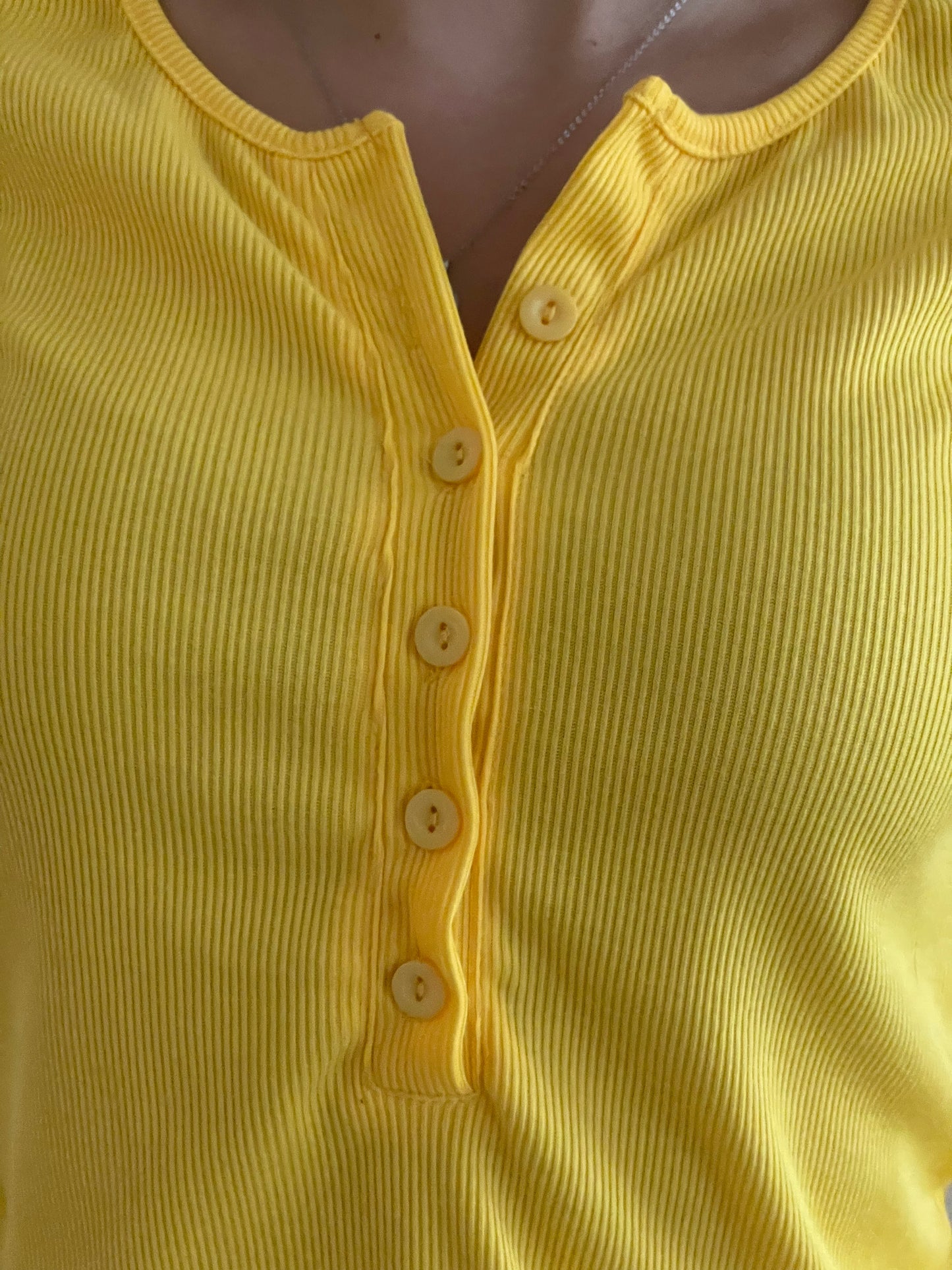 Yellow Long Sleeve Button Down Ribbed Henley Top