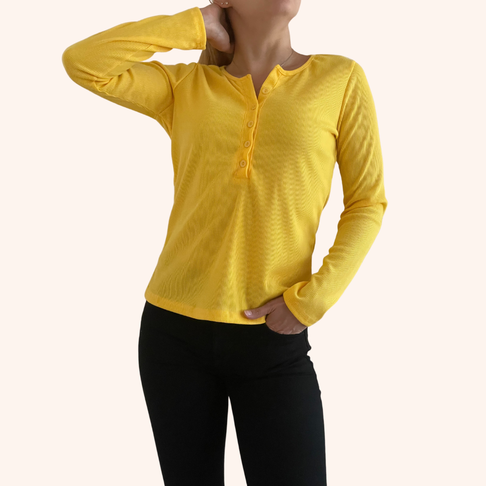 Yellow Long Sleeve Button Down Ribbed Henley Top