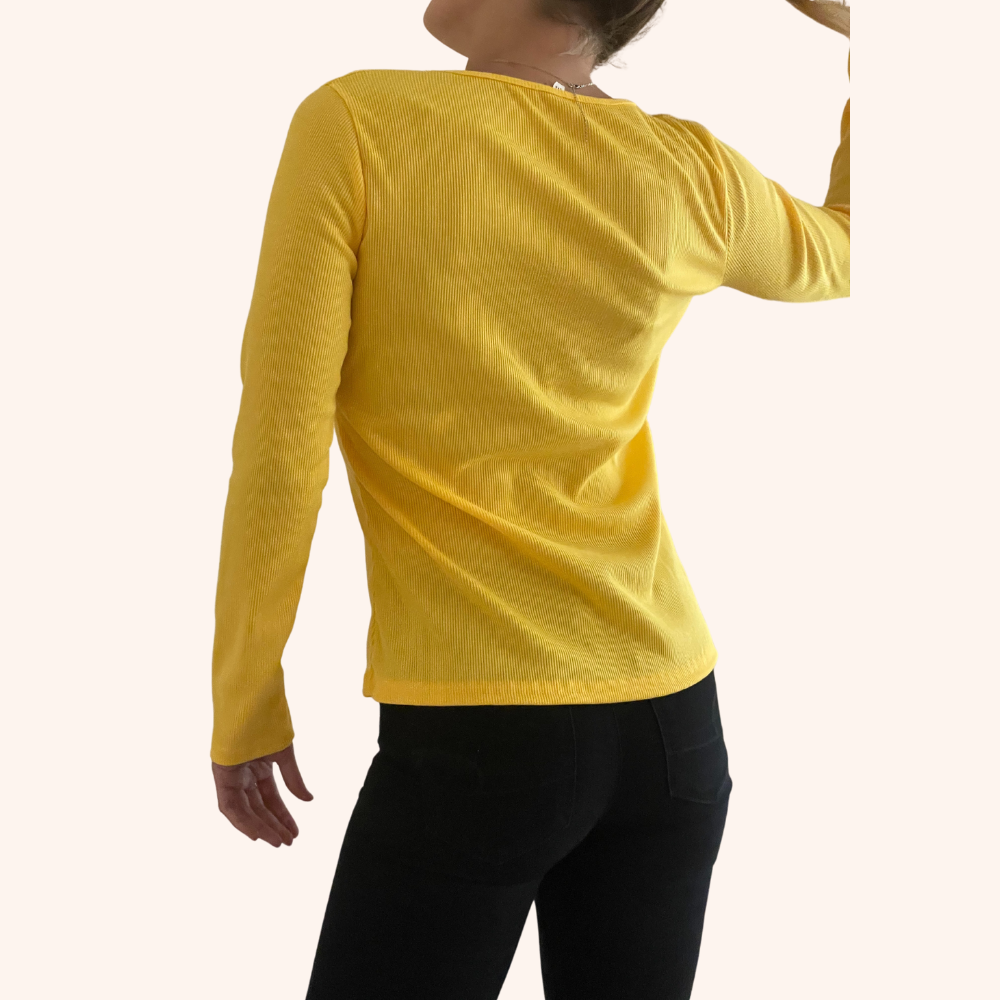 Yellow Long Sleeve Button Down Ribbed Henley Top