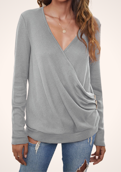Plunge V Neck Wrapped Long Sleeve Top in Gray