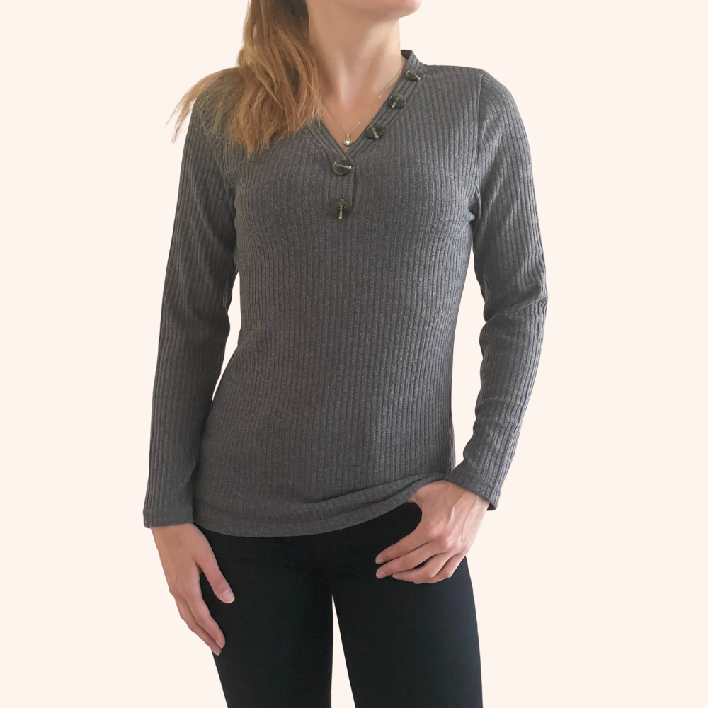 Fitted Long Sleeve Gray Top with Button Accents