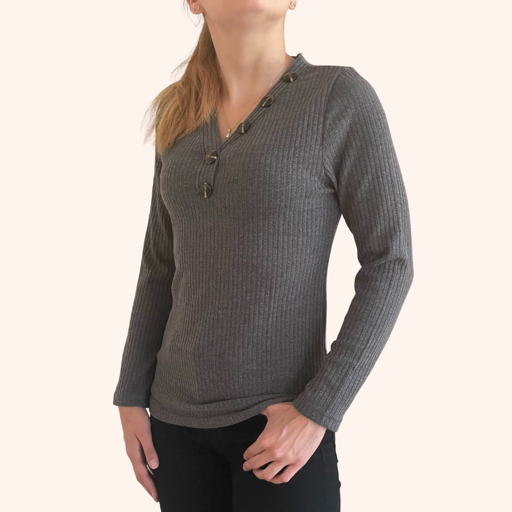 Fitted Long Sleeve Gray Top with Button Accents