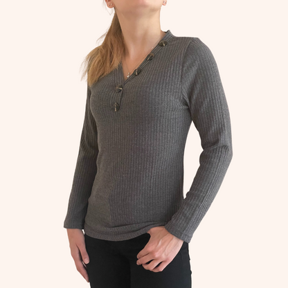 Fitted Long Sleeve Gray Top with Button Accents