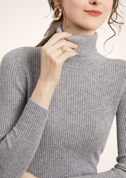 Gray Knitted and Fitted Turtleneck Sweater