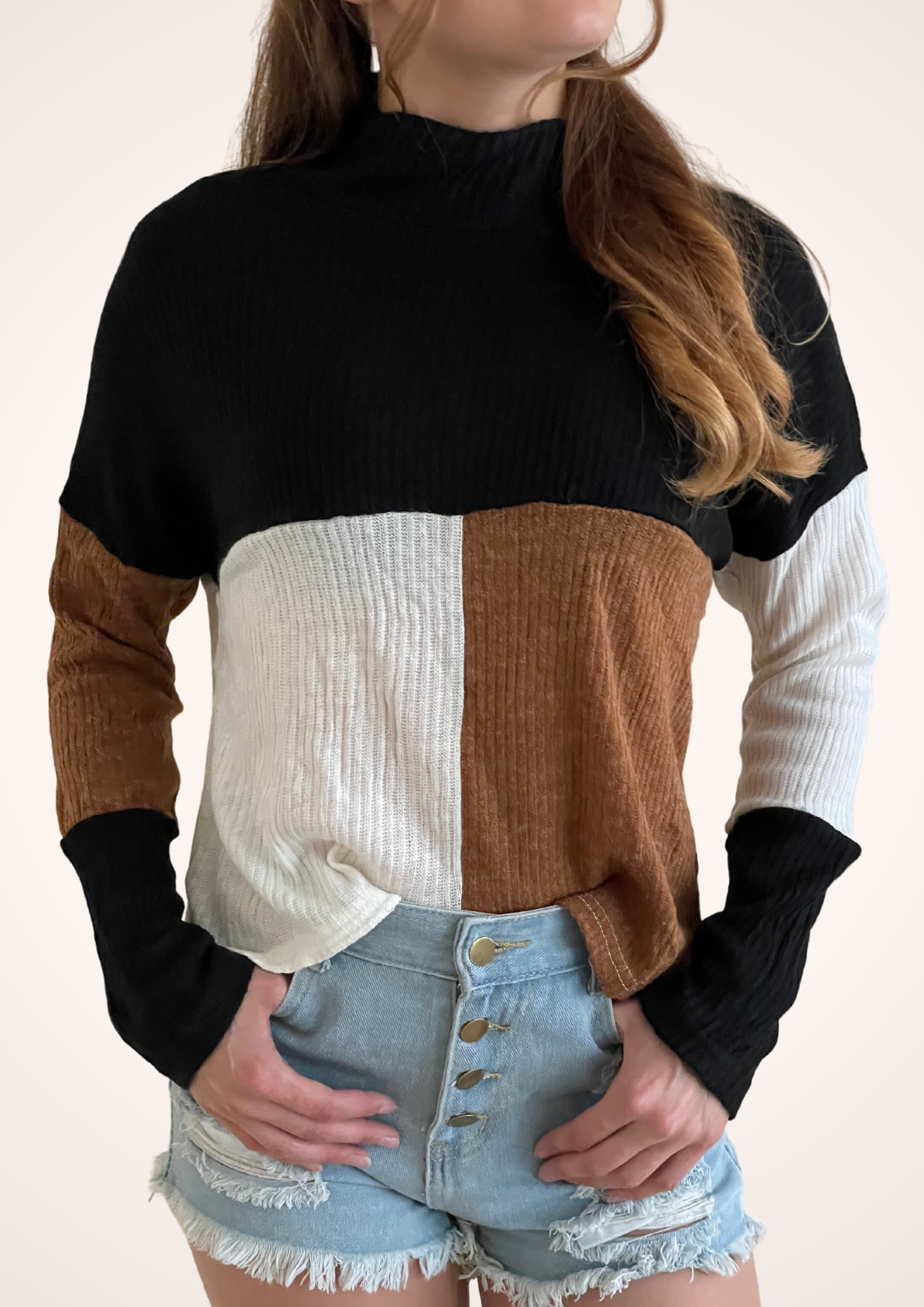 Lightweight Black and Brown Color Blocked Turtleneck Pullover Sweater