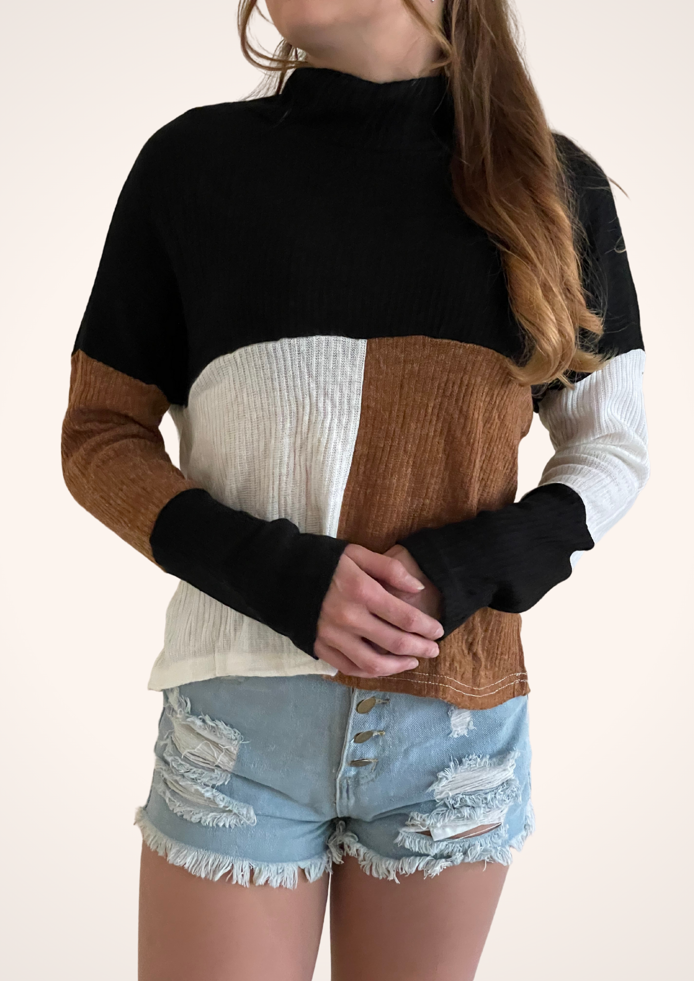 Lightweight Black and Brown Color Blocked Turtleneck Pullover Sweater