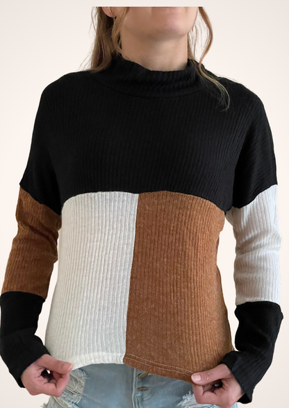 Lightweight Black and Brown Color Blocked Turtleneck Pullover Sweater