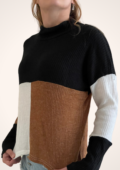 Lightweight Black and Brown Color Blocked Turtleneck Pullover Sweater