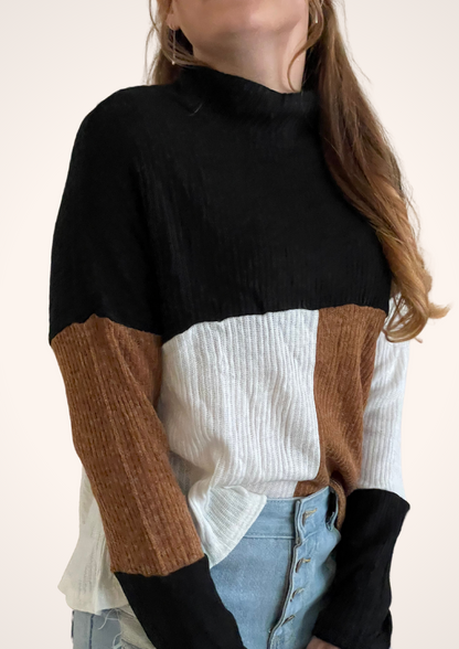 Lightweight Black and Brown Color Blocked Turtleneck Pullover Sweater