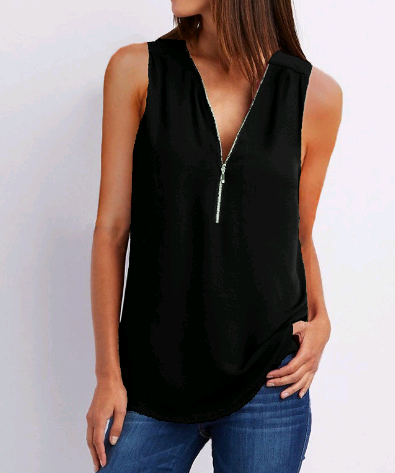 Black V-Neck Chiffon Sleeveless Loose Fit Zipper Tank Top