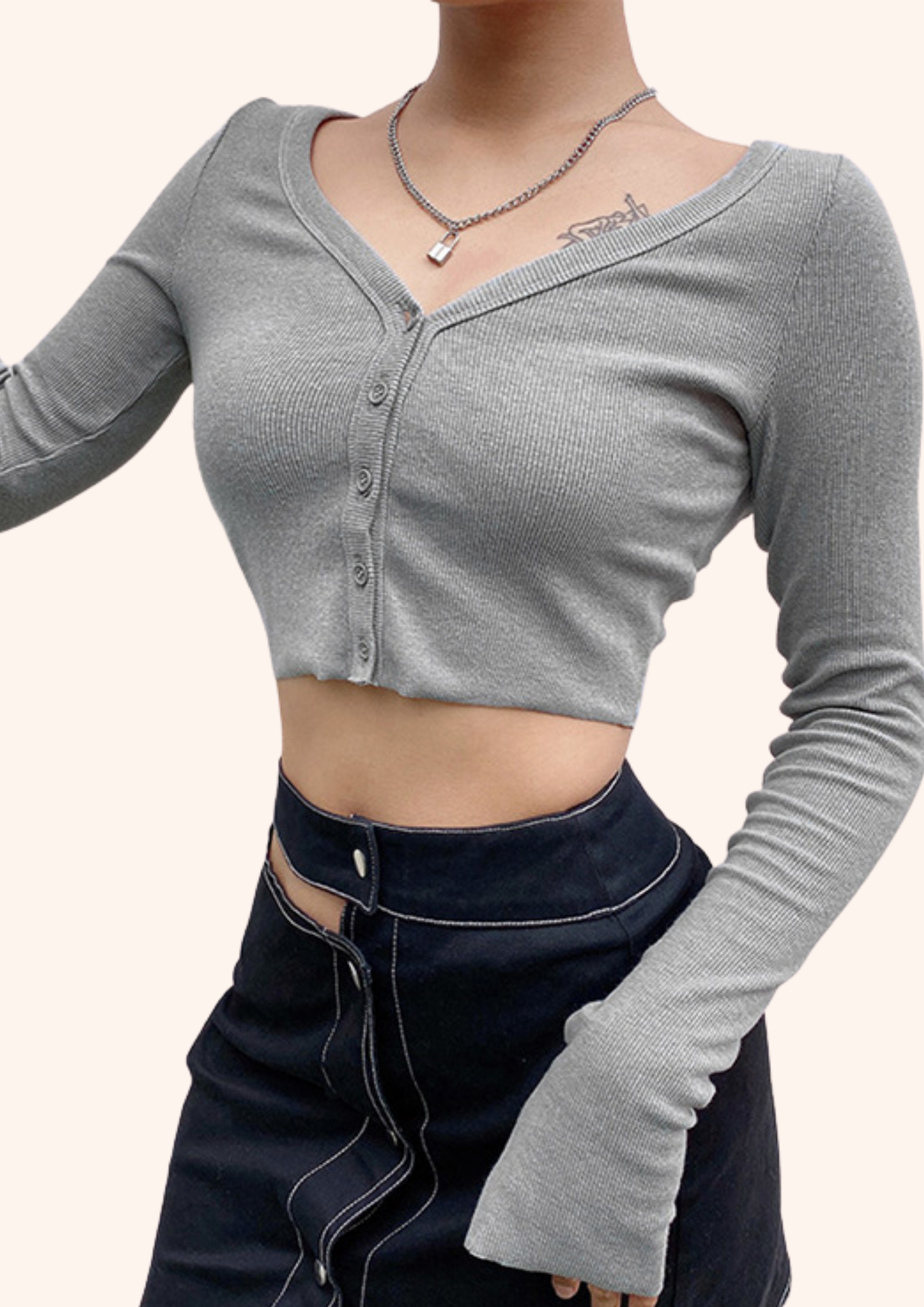 Long Sleeve Sweetheart Neck Button Down Ribbed Gray Crop Top