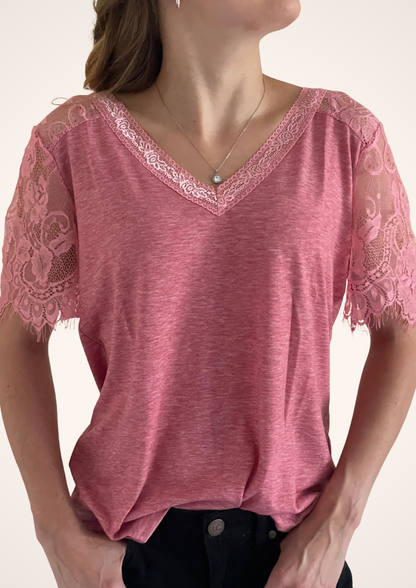 Vintage Western Style Pink V Neck Lace Sleeve T-Shirt