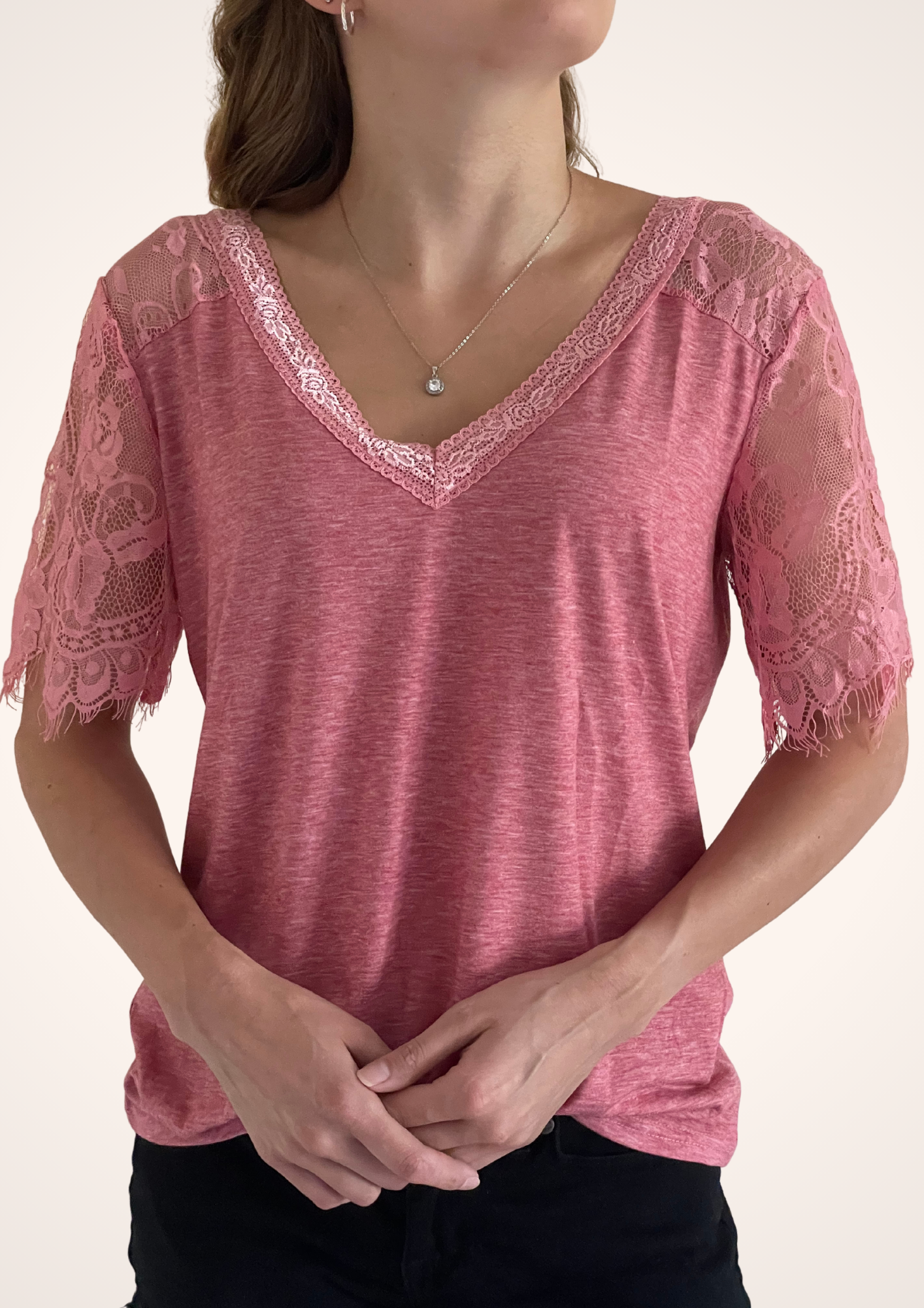 Vintage Western Style Pink V Neck Lace Sleeve T-Shirt