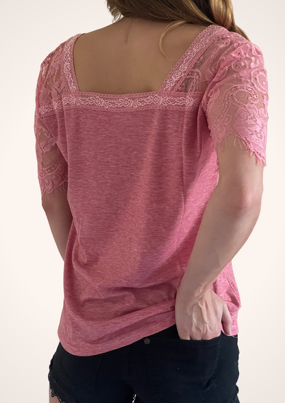 Vintage Western Style Pink V Neck Lace Sleeve T-Shirt