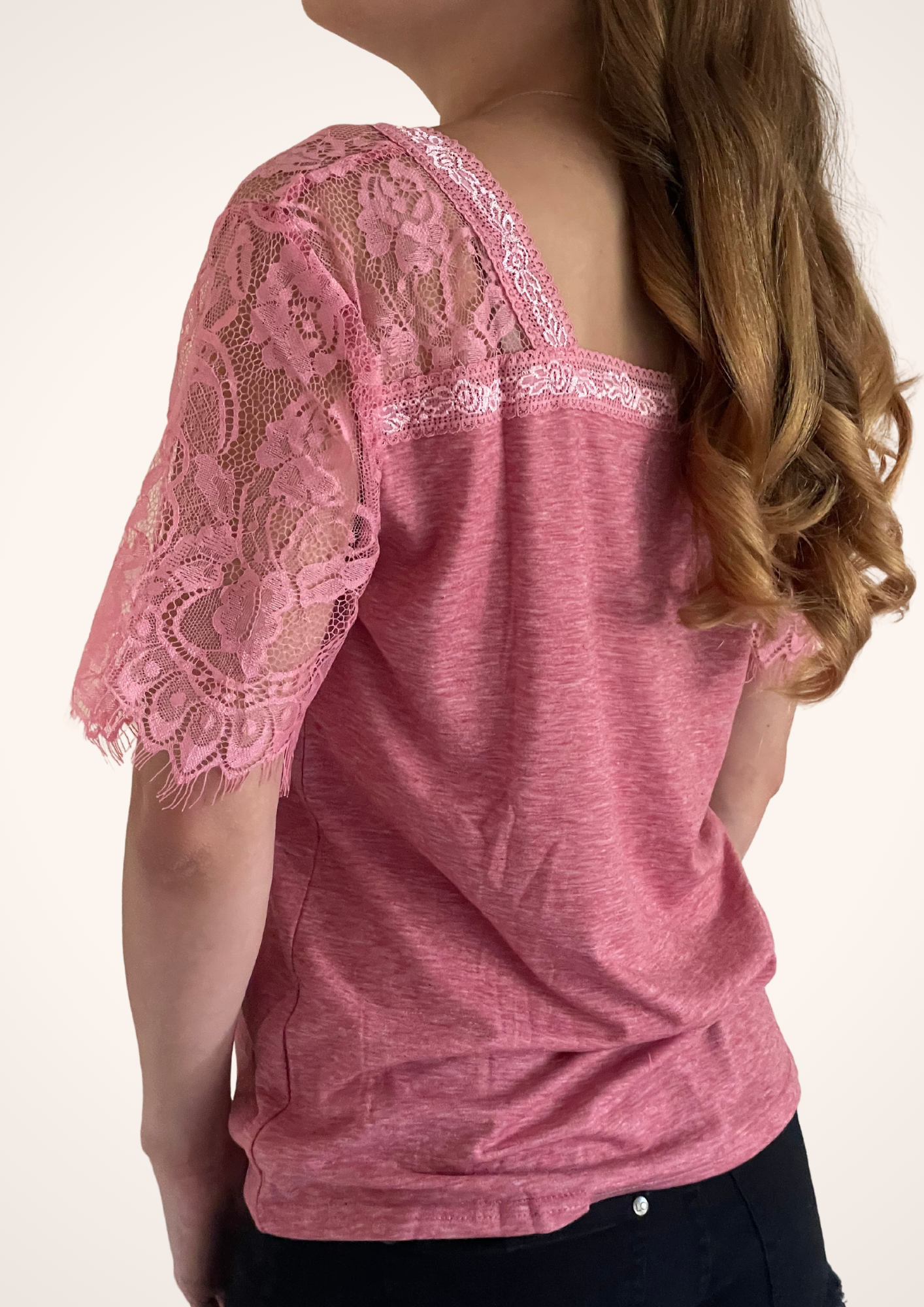 Vintage Western Style Pink V Neck Lace Sleeve T-Shirt