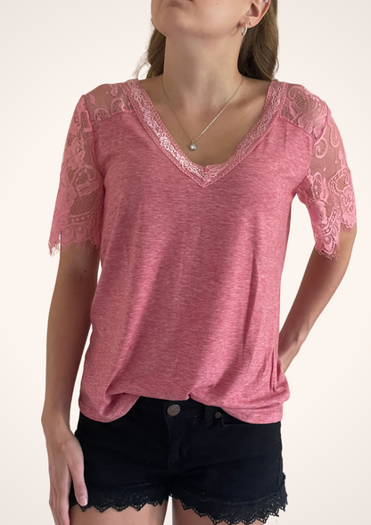 Vintage Western Style Pink V Neck Lace Sleeve T-Shirt