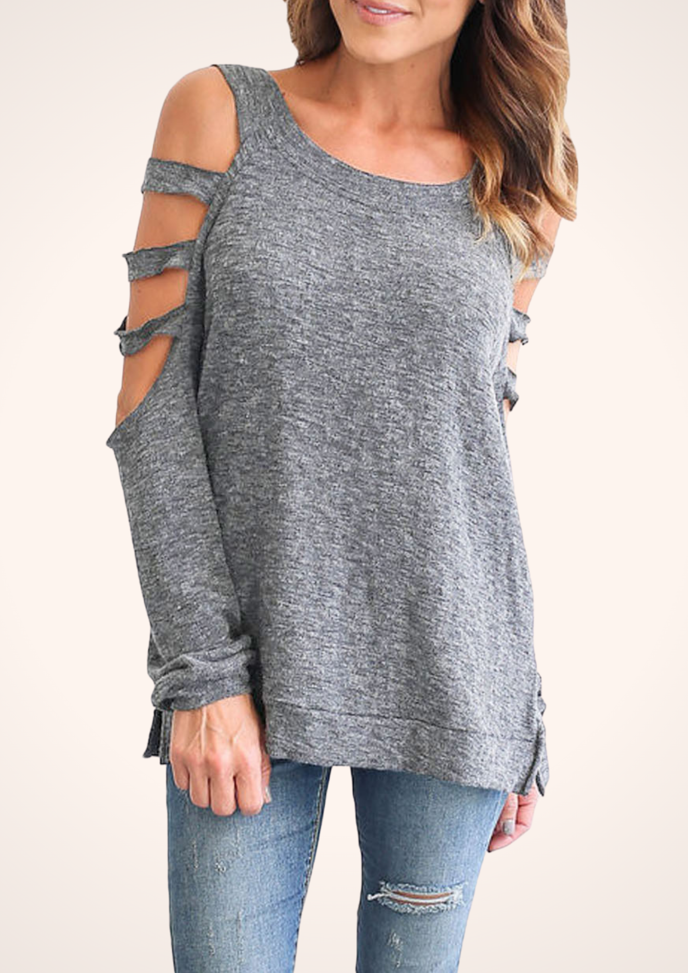 Long Sleeve Shoulder Cutout Blouse in Gray