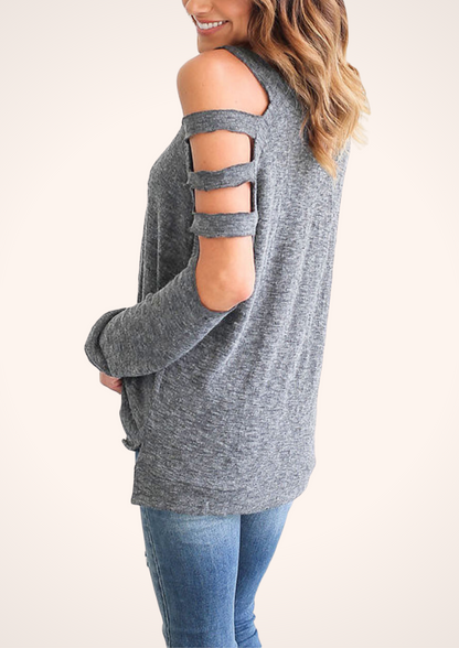 Long Sleeve Shoulder Cutout Blouse in Gray