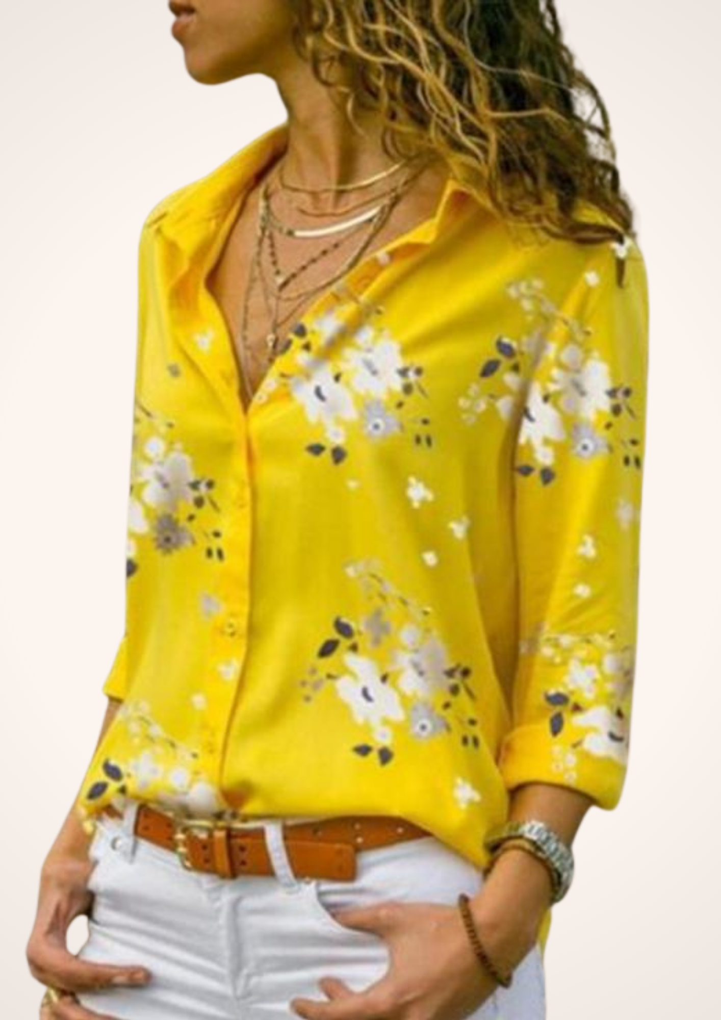 Floral Yellow Long Sleeve Button-Up Top