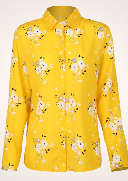 Floral Yellow Long Sleeve Button-Up Top