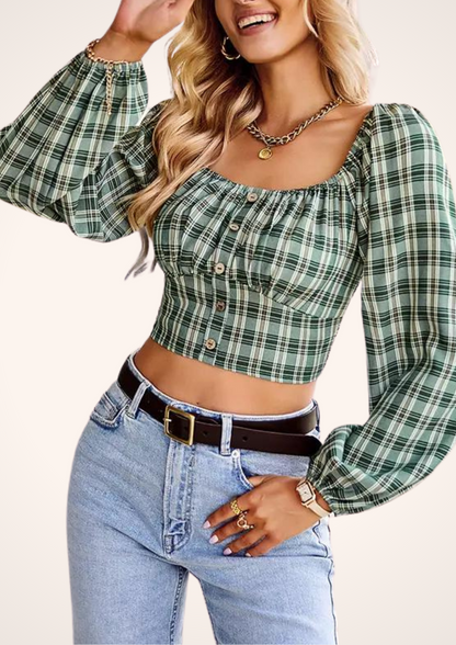 Green Plaid Long Sleeve Crop Top