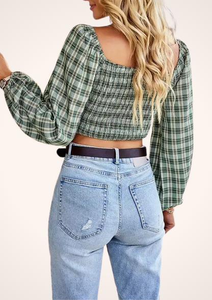 Green Plaid Long Sleeve Crop Top