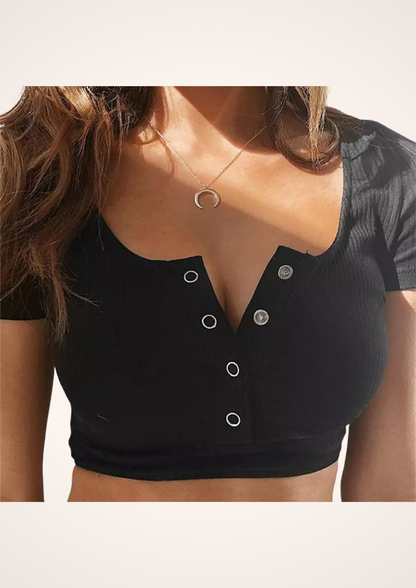 Button Up Short Sleeve Crop Top in Black